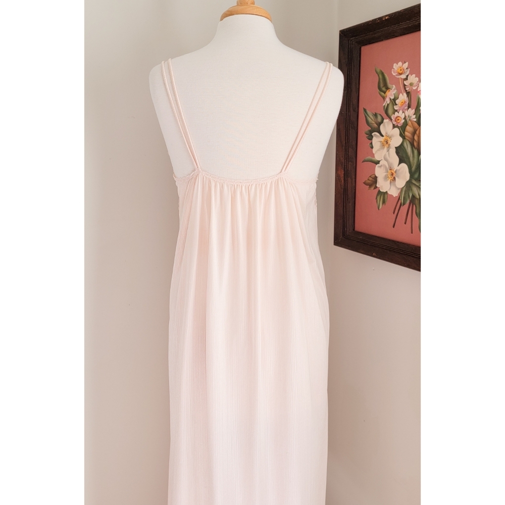 70s Pale Pink Floral Lace V Neck Split Strap Vintage Neutral Maxi Nightgown - Picture 8 of 16